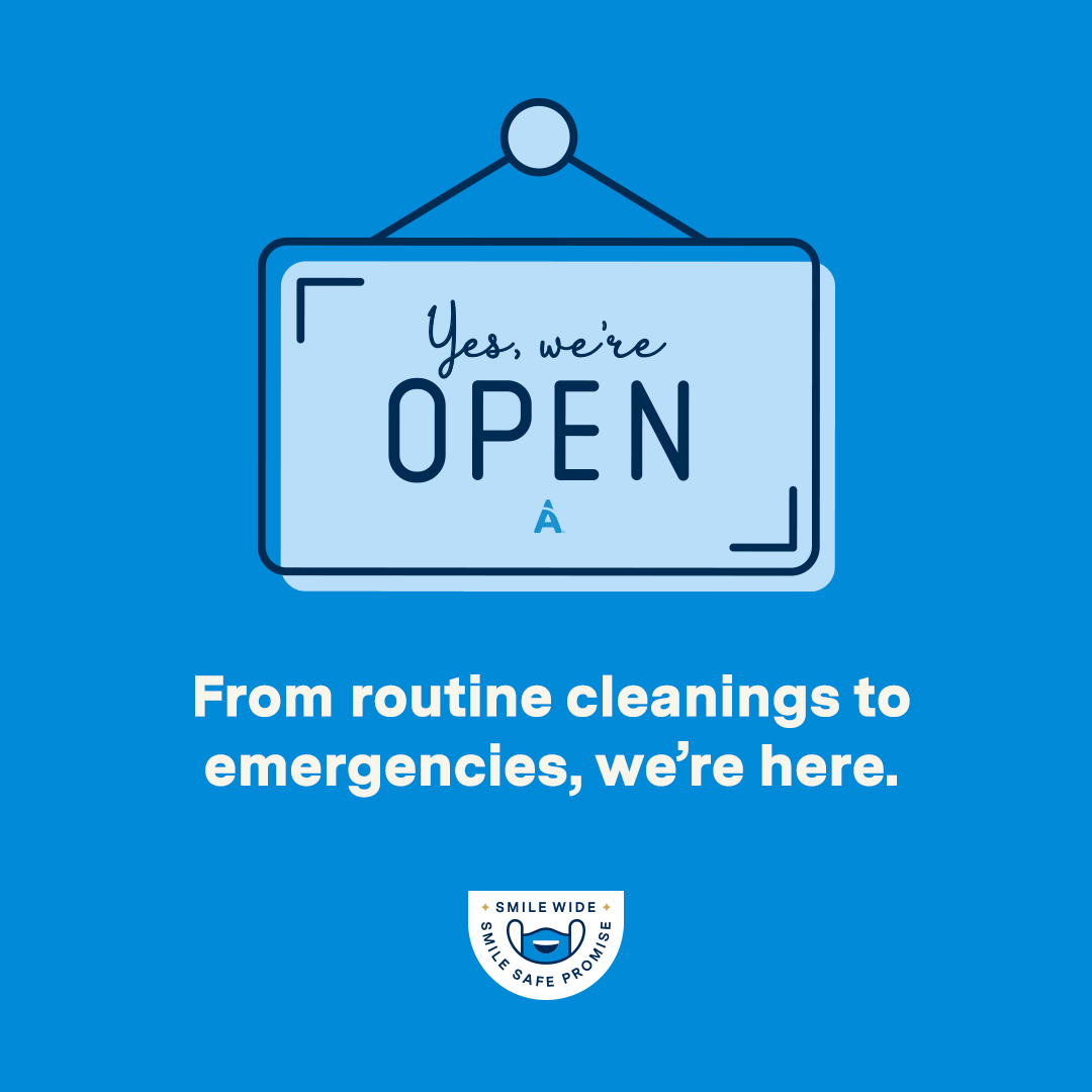 Blue colored banner from Aspen: Yes, we are open. From routine cleaning to emergencies, we are here.