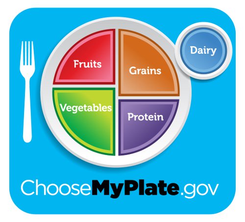 healthy diet plate showing the recommended fruits, vegtables, grains, protein an dairy