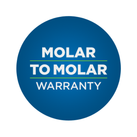 Blue-colored Banner of Molar to Molar Warranty from Aspen Dental for free denture repair. 